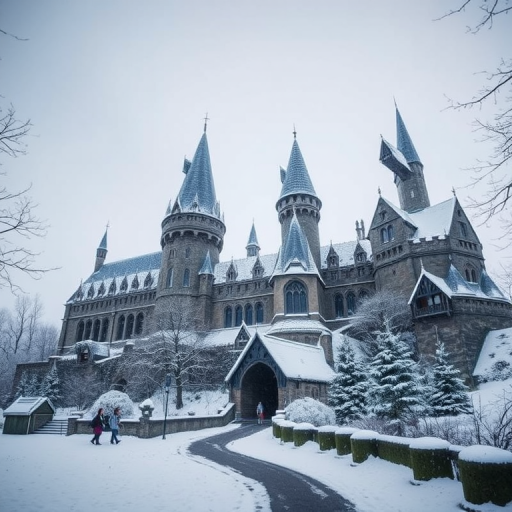 Regenerate an image of a snowy castle resembling Hogwarts, using a DSLR camera with a 24mm lens, aperture set to f/8, ISO 100, shot from a low angle wide shot to enhance depth and detail, with soft lighting to highlight architectural features.