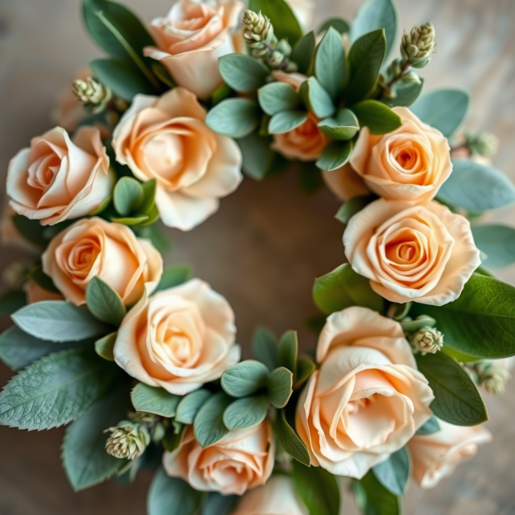 Create a high-resolution circular floral wreath design featuring soft peach-colored roses and various green leaves using a Canon EOS R5 camera with a 50mm f/1.2 lens at f/2.8, ISO 200, and a macro perspective to enhance detail and clarity.