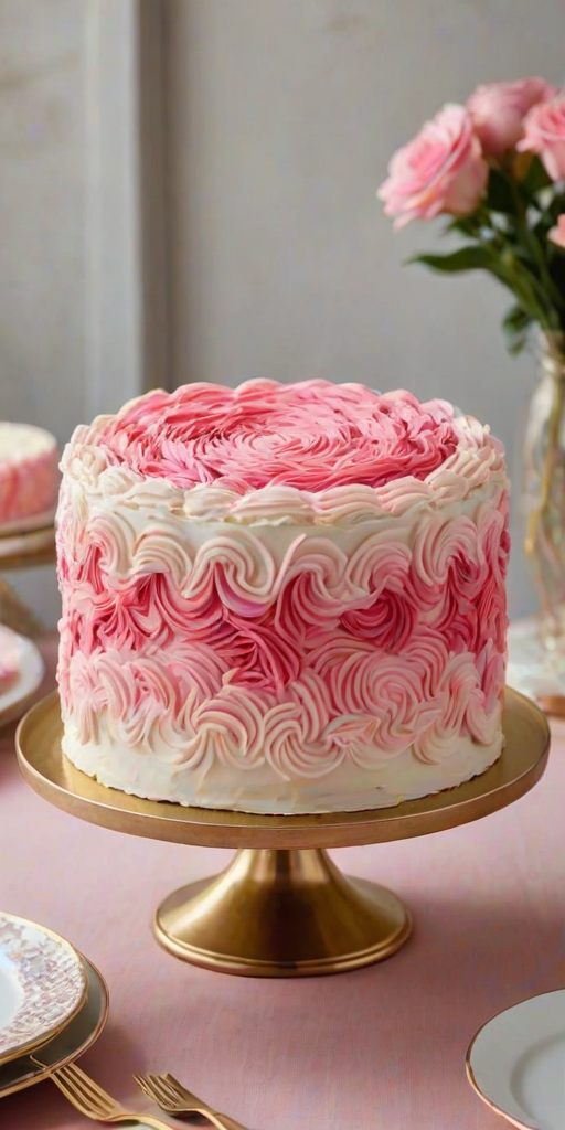 Create an image of a round cake with an artistic design featuring vibrant shades of pink and white frosting. The cake should be displayed on a vintage gold cake stand. The background should be simple and elegant to highlight the cake's colorful pattern.