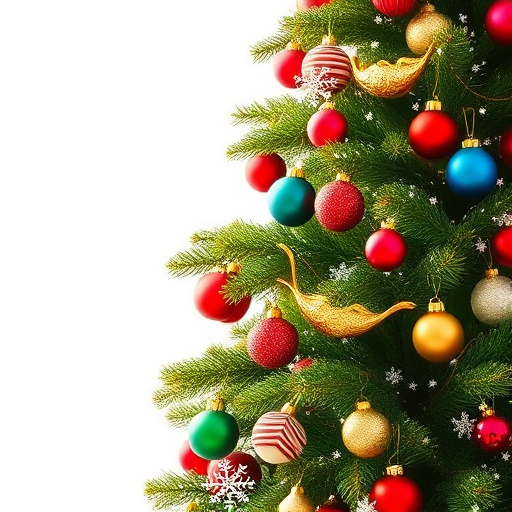 Create an image of a beautifully decorated Christmas tree filled with colorful ornaments in shades of red, green, blue, and gold. Add white snowflakes scattered throughout the branches, capturing a festive and cheerful holiday spirit. The background should be bright and sunny to contrast with the vibrant decorations.