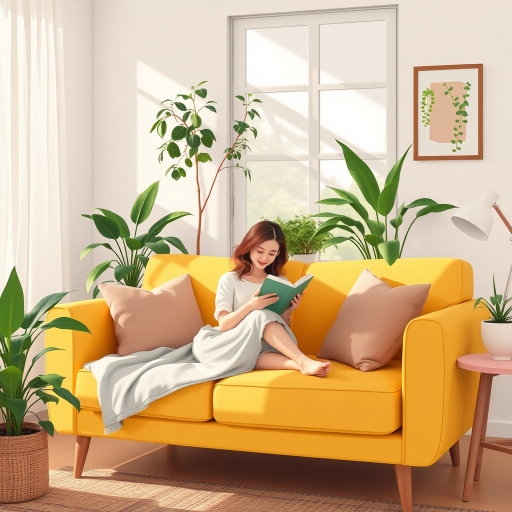 Create a cozy living room illustration featuring a woman reading on a yellow sofa with green plants around, soft natural lighting, shot with a Canon EOS R5 at f/4, ISO 100, 50mm lens, in a wide-angle perspective for enhanced image quality.