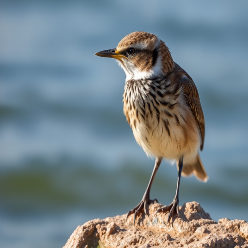 Capture a close-up of a bird perched on a rock by the water with a shallow depth of field, ISO 100, aperture f/4.0, shutter speed 1/500 sec, using a DSLR camera with a 200mm lens, shooting in natural light to highlight the textures and colors of the feathers against the blurred background.