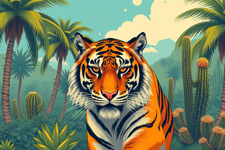 Create a vintage-style illustration featuring a fierce tiger in a lush, tropical setting with palm trees and cacti, using a DSLR camera at f/8 aperture, ISO 200, with a 35mm lens, capturing vibrant colors and intricate details.