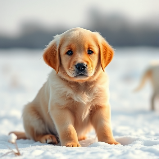 Generate an image of a golden retriever puppy sitting in a snowy field during daylight, use a DSLR camera with a 50mm lens, aperture set to f/2.8 for a shallow depth of field, ISO 200, and a shutter speed of 1/200 sec, with soft natural lighting and a slight bokeh effect in the background.
