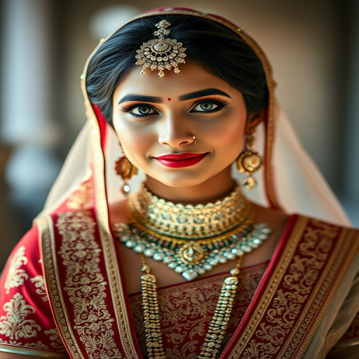 Portrait of a woman in traditional wedding attire with intricate details, soft focus background, natural lighting, DSLR camera, aperture f/1.8, shutter speed 1/100, ISO 200, 50mm lens, taken at eye level for close-up shot.
