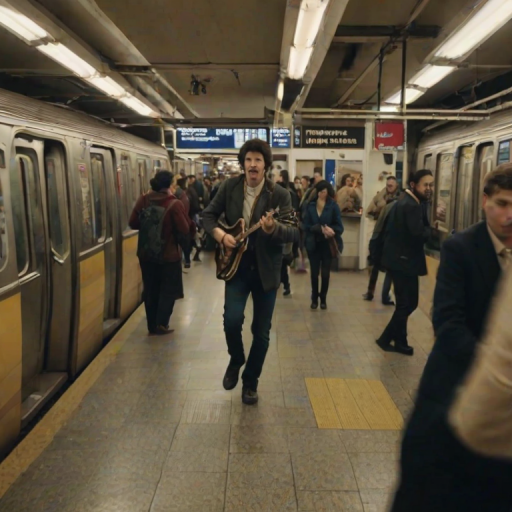 Busy subway station during rush hour, commuters rushing past, with advertisements lining the walls, a musician playing a cheerful tune on a corner, and the sound of trains approaching in the background.