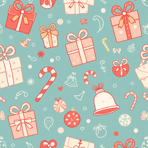 Create a seamless pattern of holiday-themed doodles including gifts, bells, candy canes, and ornaments with soft pastel colors, using a Canon EOS R5 with a 50mm lens at f/2.8, ISO 100, and a bright ambient light for a clean and vibrant look.