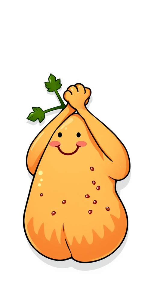 Create a high-resolution image of a cartoon-style cooked chicken on a white background using a DSLR camera with a 50mm lens, f/2.8 aperture, ISO 200, and a 1/125 sec shutter speed to enhance the color and detail.