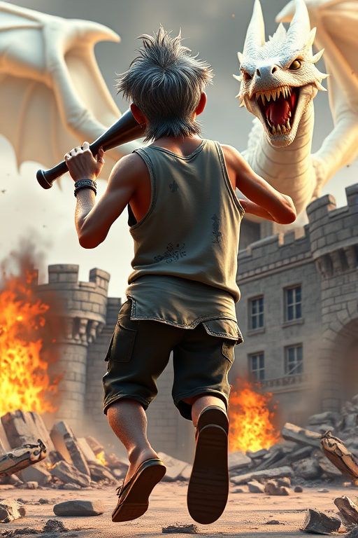 Cartoon 3D High-Resolution,dynamic battle scene using Unreal Engine 5 and Octane Render. The scene features back of an elderly, thai man with a beard,messy hair and round golden-rimmed glasses. He is wearing a tattered tank top with soot marks, shorts, and sandals. sweating. he wields a baseball bat. He jump to fight with a white fire-breathing Europe dragon amidst a partially destroyed stone castle. Include intense flames, smoke, and debris to enhance the dramatic effect.