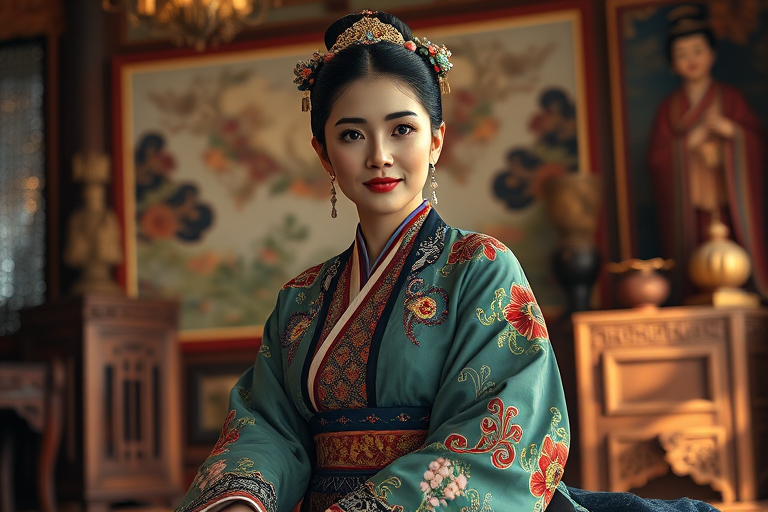 A beautiful Inuit woman in traditional East Asian attire, intricately detailed with embroidered patterns, sitting gracefully in a richly decorated room, soft ambient lighting, serene and elegant, ultra-realistic, 8K resolution