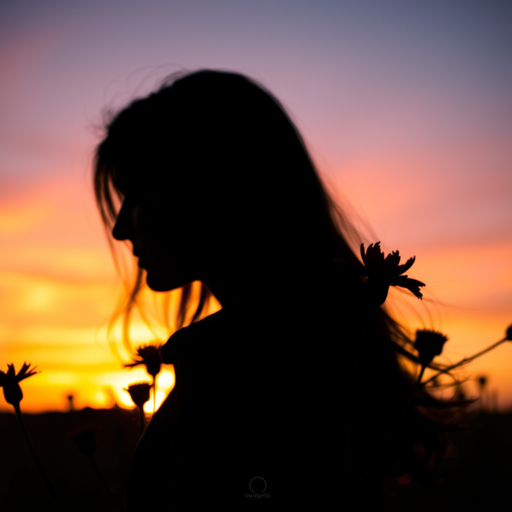 Generate a silhouette of a woman's profile against a vibrant sunset with wildflowers in the foreground, using a Canon EOS R5 camera, 50mm lens, f/1.8 aperture, ISO 100, and a soft focus style for a dreamy effect.