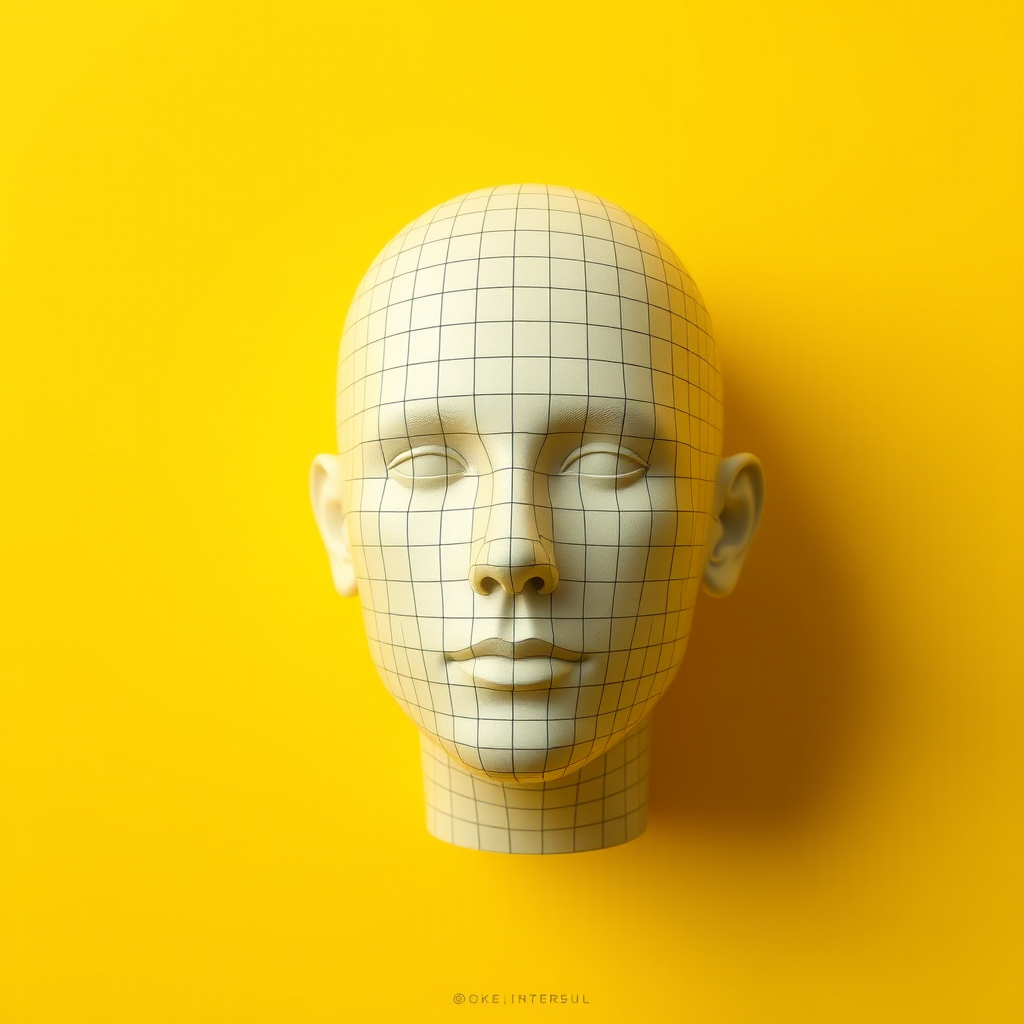 regenerate a stylized 3D model of a human head with a grid overlay against a bright yellow background, use a Canon EOS R5, 50mm lens, f/8 aperture, ISO 100, and soft diffused lighting to enhance details