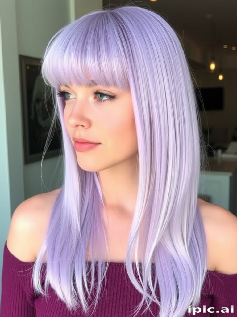 Serene photograph showcasing Lavender Frost locks, a pale purple base with icy white highlights, styled in a sleek, chin-length bob with blunt bangs