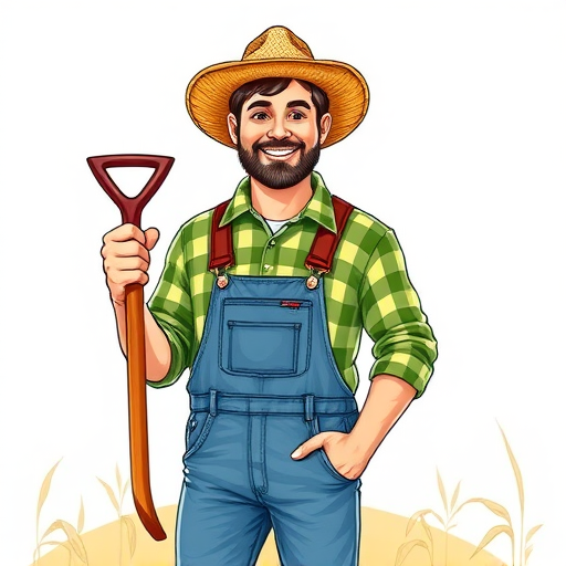 Create a colorful illustration of a cheerful farmer standing with a hoe, wearing a straw hat, checkered green shirt, and blue overalls, captured with a digital camera in portrait mode, f/2.8 aperture, ISO 100, 50mm lens for sharp focus and vibrant colors.