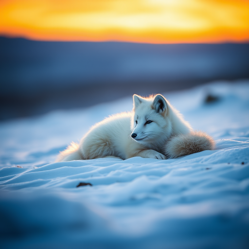 Capture a serene Arctic fox resting on snowy terrain at sunset, with soft, warm lighting illuminating its fur, using a Canon EOS R5, 85mm f/1.2 lens, aperture set to f/1.8, ISO 200, shutter speed 1/500 sec, and a shallow depth of field to create a dreamlike background blur.