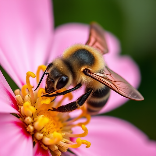 Close-up shot of a bee on a pink flower with yellow stamen, aperture f/2.8, shutter speed 1/200s, ISO 100, macro lens, natural light, DSLR camera.