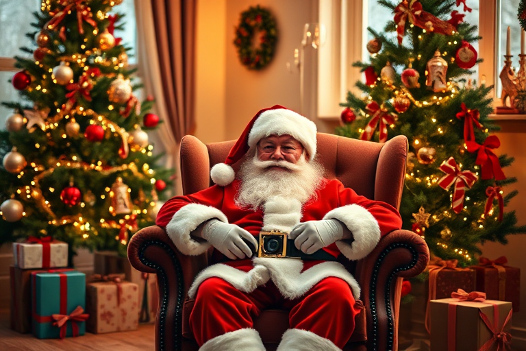 Create an image of a jolly Santa Claus sitting in a plush armchair surrounded by a beautifully decorated Christmas tree and presents, in a warmly lit room with festive decorations, shot with a DSLR camera at f/2.8, ISO 100, 50mm lens, with a shallow depth of field for a bokeh effect.