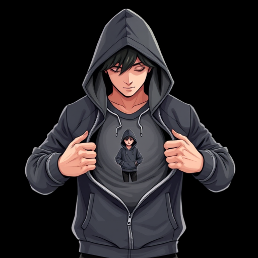 Create an illustration of a person in a hoodie opening their jacket to reveal a smaller version of themselves inside, with a black background, using a DSLR camera at 50mm focal length, aperture f/1.8, ISO 100, and a shallow depth of field for enhanced image quality.