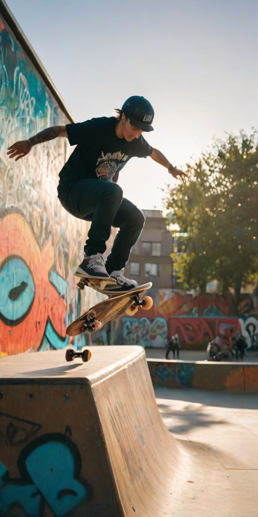 Blurry action shot of a skateboarder performing tricks in a vibrant urban skate park, with graffiti-covered walls and soft sunlight illuminating the scene.