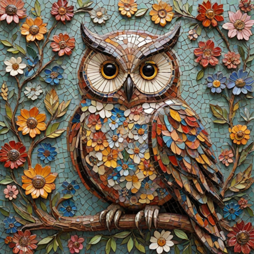 A mosaic of floral owls, one owl intricately composed of individual flower blossoms. The design showcases a delicate balance of nature and form, where the feathers of the owls are replaced by vibrant petals and blooms. The overall appearance is whimsical yet detailed, with each floral element contributing to the intricate patterns of the owl’s body. The artwork embraces a raw, organic style, with natural hues and soft textures, creating a harmonious blend of flora and fauna. The mosaic arrangement adds depth and visual intrigue to the piece, evoking a sense of wonder and artistic beauty.
