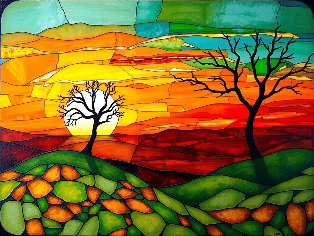 A vibrant abstract painting on Tiffany Glass, blending acrylic and alcohol ink techniques, captures a dramatic sunset over rolling hills. The artwork features a textured, rocky foreground in green and brown, layered abstract hills, and a striking sunset in rich oranges, yellows, and reds. A solitary black tree with intricate branches contrasts against the fiery sky, creating a dynamic and expressive portrayal of a breathtaking natural scene.