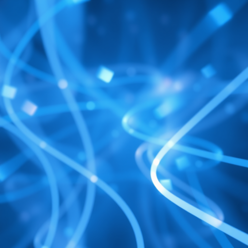 Create a vibrant abstract image of swirling blue lights and beams with a soft glow, using a Canon EOS R5 camera, 50mm lens, aperture f/1.8, ISO 100, shutter speed 1/200s, in a wide-angle view, with a focus on depth and clarity.