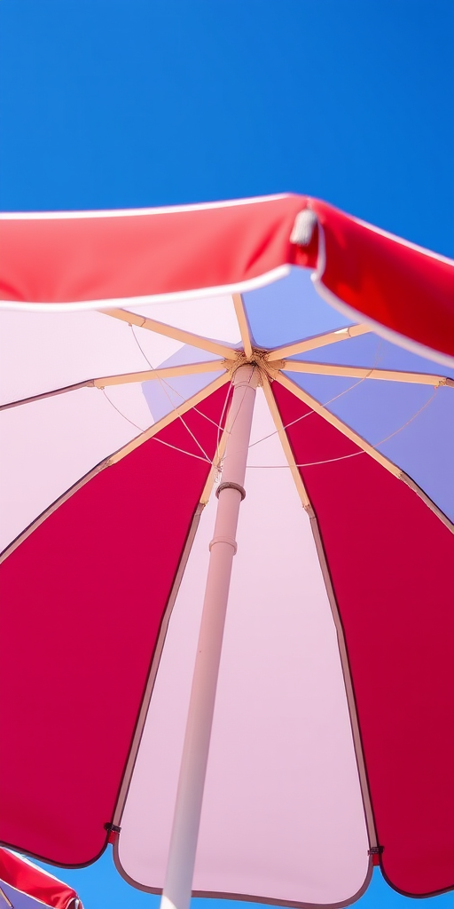 Create a vibrant digital illustration of a beach umbrella with alternating red and blue stripes, featuring a clear blue sky as the background, captured from a low angle; use a DSLR camera with a 50mm lens, aperture set to f/2.8 for a shallow depth of field, ISO 100, and a shutter speed of 1/200s to enhance colors and clarity.
