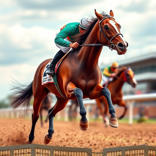 A dynamic shot of a racehorse in full stride, captured from a low angle with a shallow depth of field to blur the background, using a DSLR camera with a 50mm lens, aperture set at f/2.8, shutter speed at 1/1000s, and ISO 200 for vivid colors and sharp details.