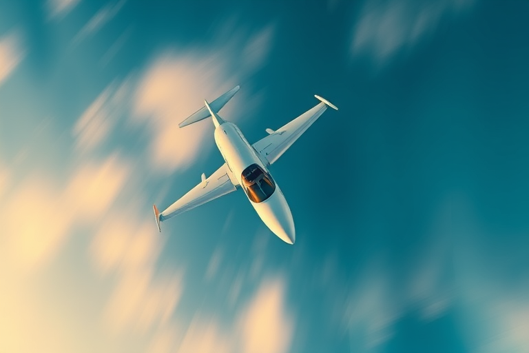 Create a high-resolution image of a stylized airplane in flight, capturing a top-down view with vibrant colors, using a DSLR camera with a 50mm lens, aperture set to f/2.8, shutter speed at 1/250s, ISO 100, and a slight motion blur effect.