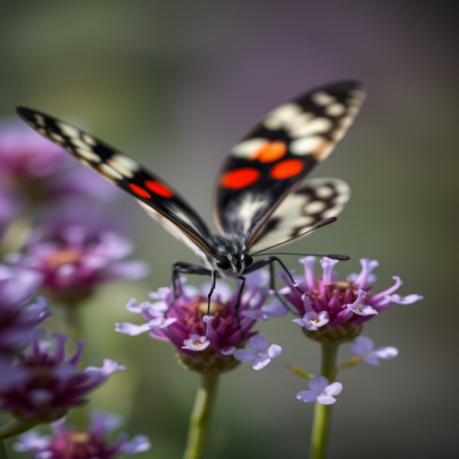close-up of a black and white butterfly with red spots perched on purple flowers, vibrant colors, soft focus background, macro lens, aperture f/2.8, ISO 100, 100mm macro lens, natural light, high dynamic range photography