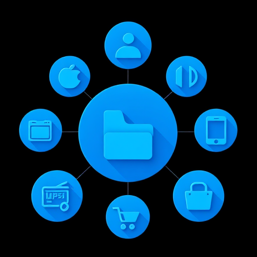 Create a high-resolution vector image of blue circular icons on a black background representing various concepts such as folders, settings, communication, music, and shopping with a camera view of 50mm, f/4 aperture, ISO 100, shot with a digital SLR camera for enhanced clarity.