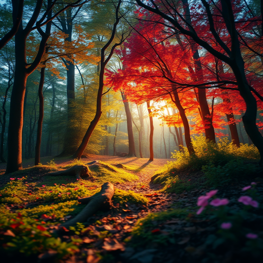 Generate a high-resolution image of a whimsical forest scene with vibrant colors and magical lighting using a DSLR camera, ISO 200, f/8 aperture, 24mm lens, natural light, and a wide-angle perspective to capture depth and detail.