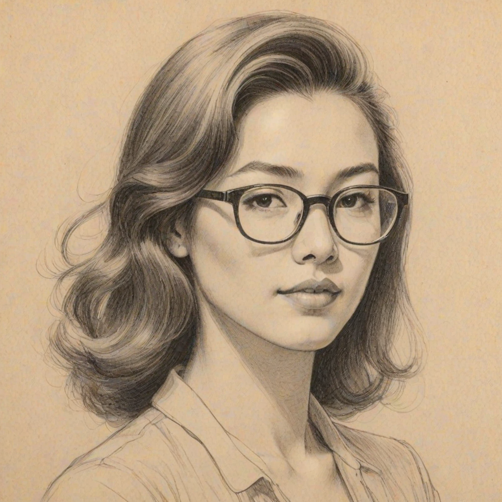Beauteous Eleanore Matsuura, pencil sketch, portrait of Captivating woman 1944s in glasses, hair style beatnik, outline, clear lines, fine lines, 8k
