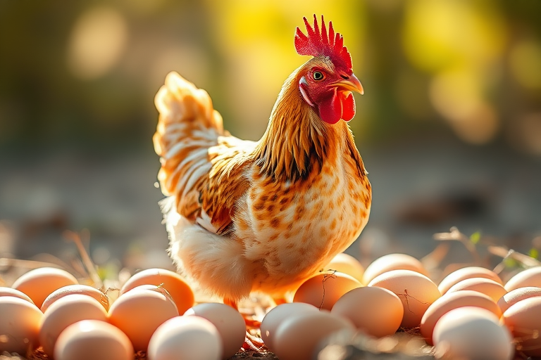 Create a high-quality illustration of a chicken standing beside a pile of eggs, use a Canon EOS R5 with an aperture of f/2.8, ISO 100, and a 50mm lens in a close-up perspective with a bright, well-lit background to enhance details and colors.