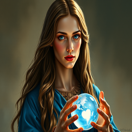 Create a digital painting of a Renaissance-style figure with long hair wearing a blue robe, holding a crystal ball and displaying a serene expression, captured with a Canon EOS R5 at 50mm f/1.2, ISO 100, in natural light, emphasizing rich colors and intricate details.