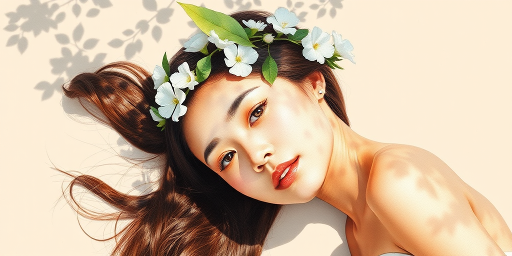 create a watercolor painting of an ethereal portrait of beautiful Malay woman with a simple white flower crown on her head. Her hair is long and she is lying on the ground. The sunlight on the trees casts shadows from the leaves on her face and body. The background is a neutral brown color that matches her skin tone. The image is minimalist and solid colors. This style is characterized by soft, delicate brushstrokes and a light, airy, contrasting color palette. High level of detail and play of light
