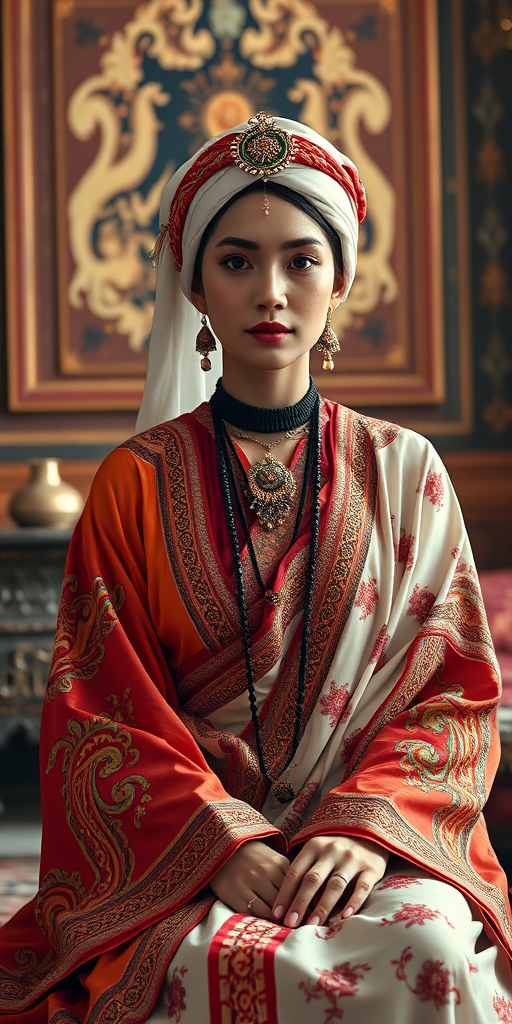 A beautiful Tuareg woman in traditional East Asian attire, intricately detailed with embroidered patterns, sitting gracefully in a richly decorated room, soft ambient lighting, serene and elegant, ultra-realistic, 8K resolution