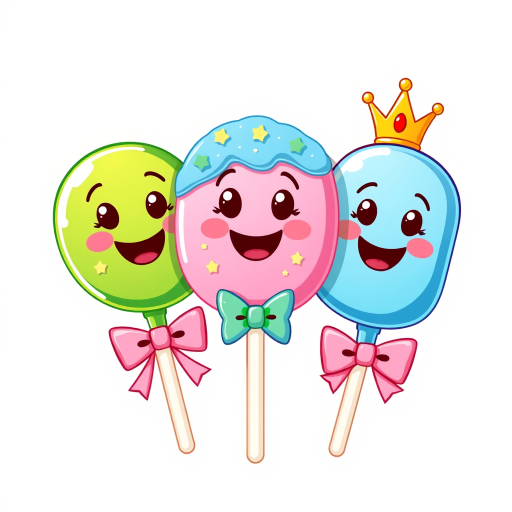 Create a vibrant illustration of three cartoon candy pops with happy faces: one green with stars and a pink bow, one pink with blue icing and a green bow tie, and one blue with a crown and a pink bow, use a 50mm lens, f/1.8 aperture, soft lighting, and a high-resolution digital camera for crisp details and bright colors.