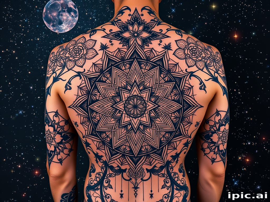 Cosmic sacred geometry tattoo incorporating intricate mandalas and fractal patterns, blending seamlessly with a starry night sky backdrop for a mesmerizing full-back masterpiece