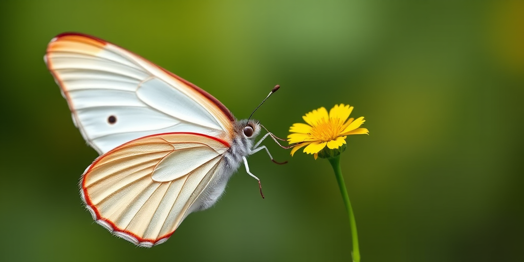 Generate an image of a butterfly with white wings and red tips, hovering above a small yellow flower with a green background. The scene should be vibrant, capturing the delicate details of the butterfly and the flower.
