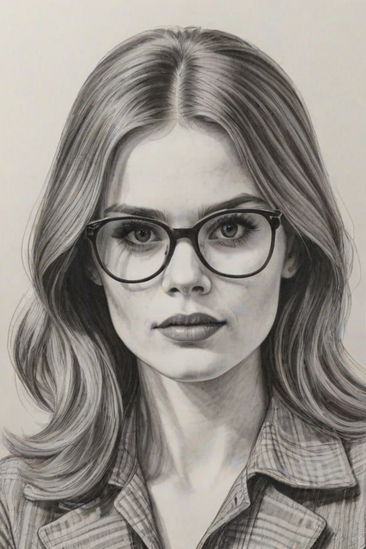Comely Holland Roden, pencil sketch, portrait of Delightful woman 1970s in glasses, hair style beatnik, outline, clear lines, fine lines, 8k