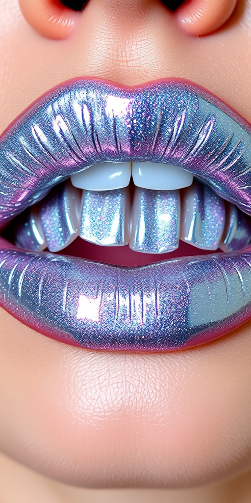 Holographic silver lips with a chrome effect, called "Stardust Shimmer," feature a futuristic, reflective surface and dimensional shine for an eye-catching look