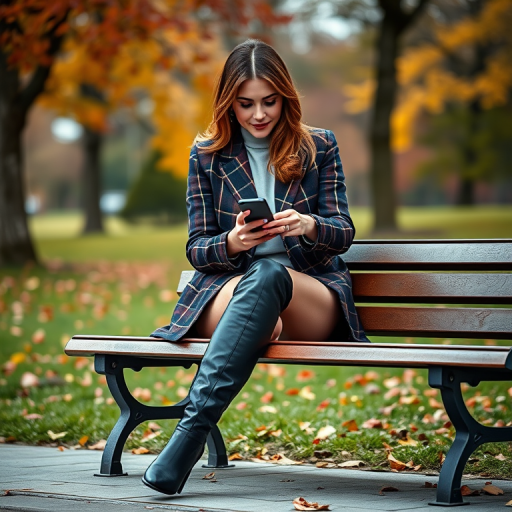 Create an outdoor portrait of a woman sitting on a bench in a park, dressed in a stylish plaid blazer and thigh-high boots, using a smartphone, with autumn leaves in the background, shot with a Canon EOS R5, 50mm lens, aperture f/1.8, ISO 100, natural light, and a shallow depth of field for a blurred background effect.