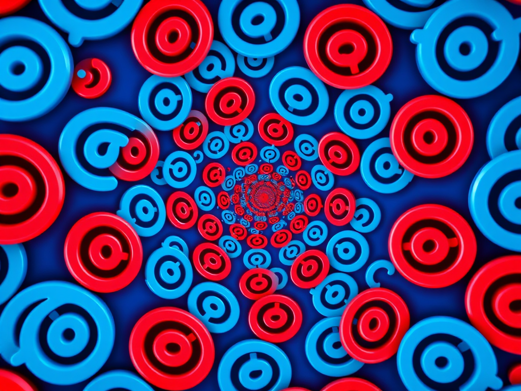 Create a vibrant spiraling pattern of @ symbols in shades of blue and red, with high resolution, using a DSLR camera at f/8, ISO 100, 18mm lens, shot from a top-down perspective with a 50mm aperture for depth of field.