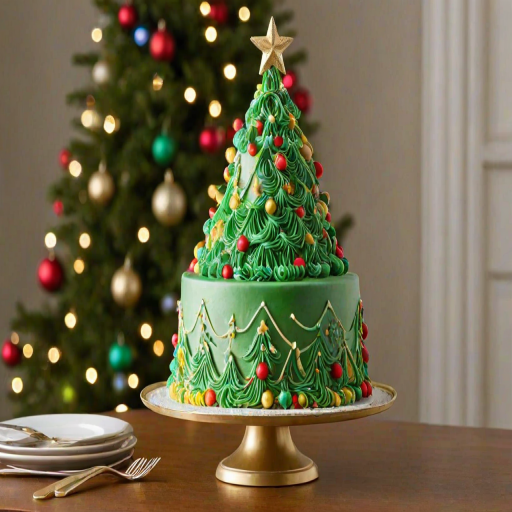 Create an image of a festive cake decorated with a Christmas tree design. The cake should be white with green frosting shaped like a tree, adorned with colorful ornaments and a star on top. Place the cake on a gold pedestal stand, with a simple, elegant background that suggests a holiday atmosphere. Include some decorative elements like silver cutlery and soft lighting to enhance the festive feel.