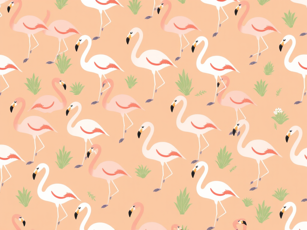 Create a whimsical pattern featuring stylized flamingos in various poses with light brown, green, and white color scheme, using a Canon EOS R5 camera with a 50mm lens at f/8, ISO 100, in natural light and high-resolution format.