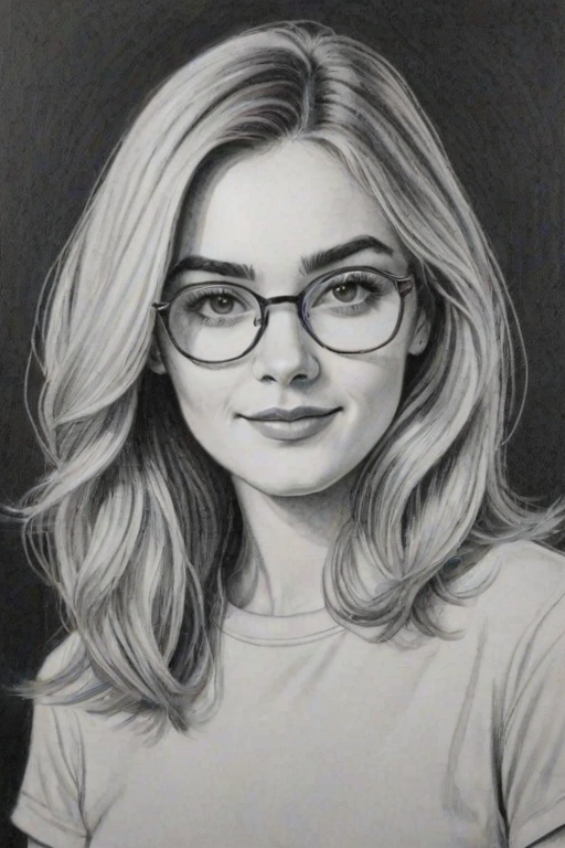 Delightful Meg Donnelly, pencil sketch, portrait of Appealing woman 1973s in glasses, hair style beatnik, outline, clear lines, fine lines, 8k