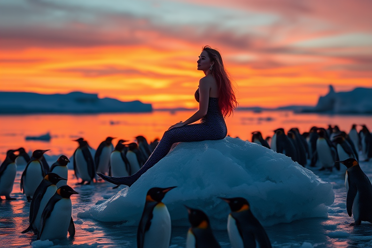 Create an image of a beautiful mermaid sitting on an iceberg at sunset surrounded by penguins, using a Canon EOS R5, 50mm f/1.2 lens, ISO 200, aperture f/2.8, 1/200 sec exposure, with vibrant colors and a dreamy atmosphere.
