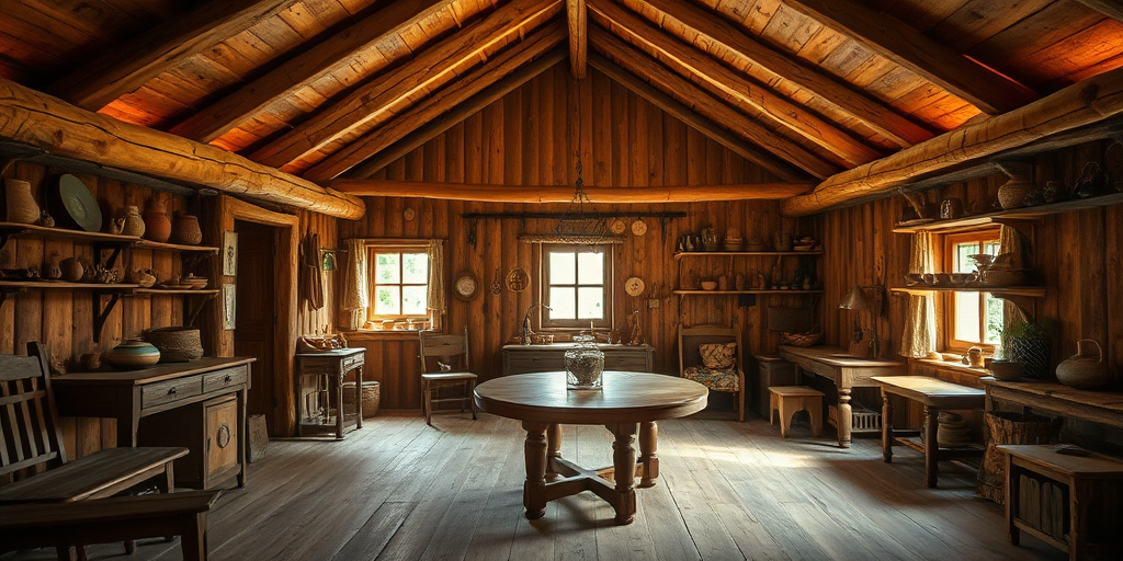 regenerate an image of a rustic interior of a cozy hut with wooden beams and a central round table, warm lighting, featuring handcrafted wooden furniture and various handmade items placed on shelves, captured with a DSLR camera at f/2.8 aperture, ISO 400, 35mm focal length, using a wide-angle lens for a spacious view and enhanced detail in a natural, soft light setting.