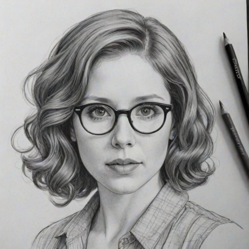 Enchanting Vanessa Bayer, pencil sketch, portrait of Stunning woman 1924s in glasses, hair style beatnik, outline, clear lines, fine lines, 8k